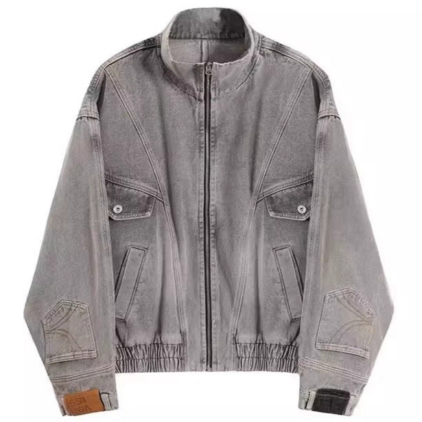 Damen Oversized Jeansjacke mit Stehkragen, Reißverschluss und elastischem Saum Echoarchiv