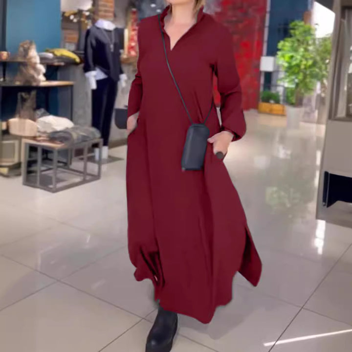 Damen Lange Maxi Kleid mit Stehkragen, Seitentaschen und Lockerem Fall Echoarchiv