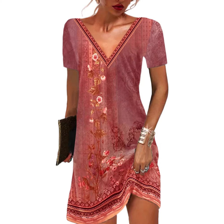 Frauen Floral V-Ausschnitt Tunika Kleid mit Border Print und langen Ärmeln – Lunéa