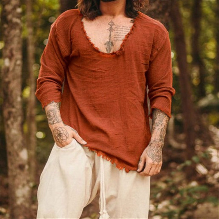 Herren lässiges V-Neck Leinenhemd Echoarchiv