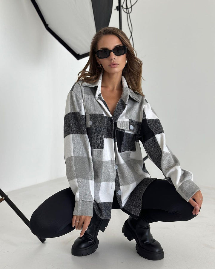 Damen Karierter Overshirt im Shacket-Stil mit Saumtaschen und Knopfverschluss Echoarchiv