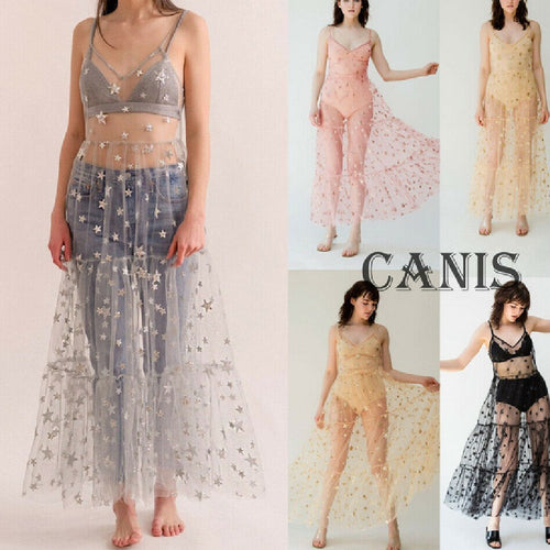 Damen Transparente Maxikleid aus Chiffon mit Sternen-Design und mehrlagigem Saum Echo Archiv