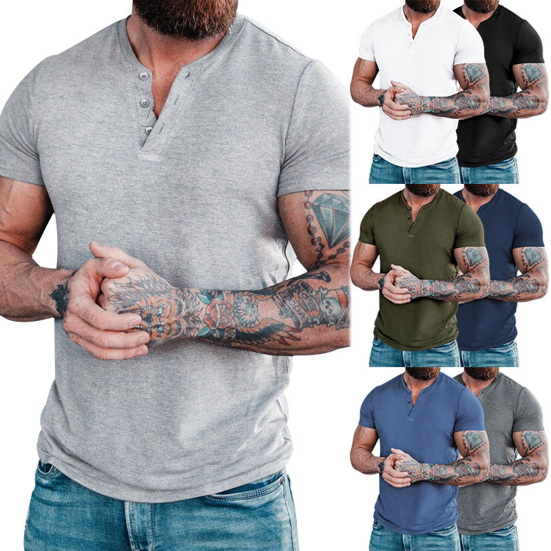 Herren nan muskelbetontes Kurzarmshirt mit Knopfleiste und V-Ausschnitt aus Baumwollstretch Echo Archiv