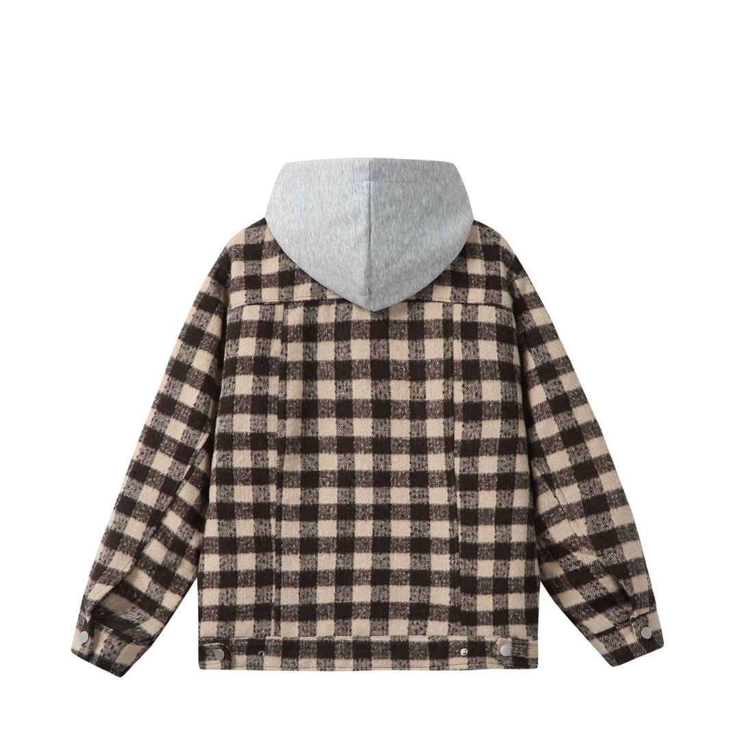 Damen Kurzblouson im Shacket‑Stil mit Karo‑Wolloptik und integrierter Sweatkapuze Echoarchiv