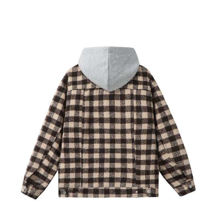 Damen Kurzblouson im Shacket‑Stil mit Karo‑Wolloptik und integrierter Sweatkapuze Echoarchiv