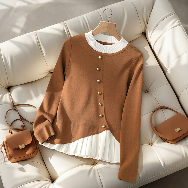 Damen Figurbetonte Strickbluse mit asymmetrischer Knopfleiste und plissiertem Einsatz Echoarchiv