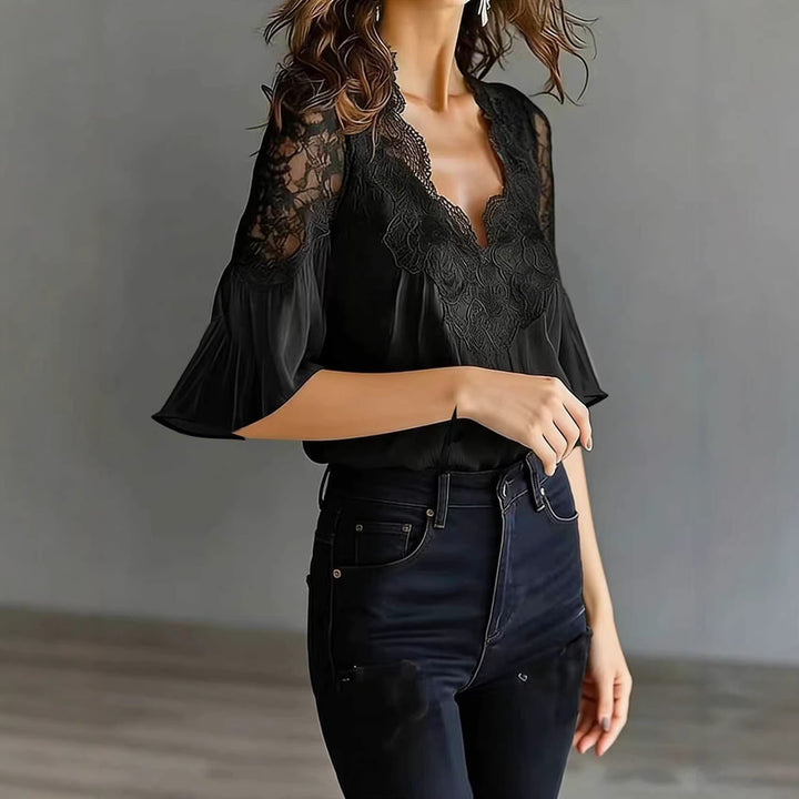 Damen elegante Bluse mit Spitzeneinsatz und Volantärmeln Echo Archiv