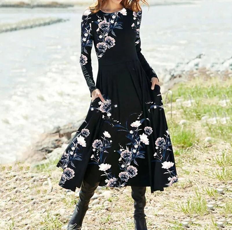 Damen nan Boho-Maxikleid mit taillierter Empire-Passe, langen Ärmeln und Seitentaschen Echo Archiv