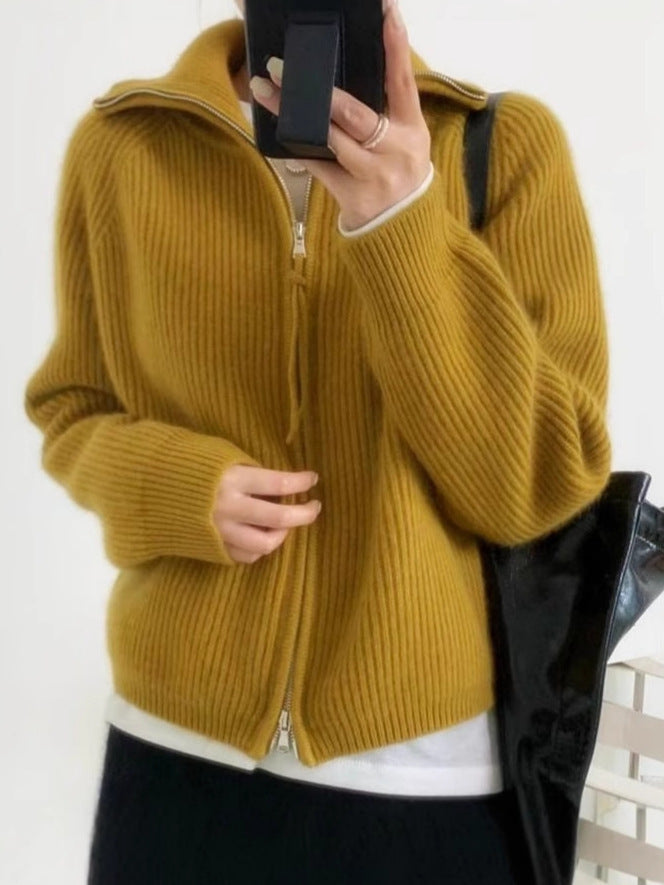 Damen Oversize-Strickjacke mit Reißverschluss, Stehkragen und gerippter Struktur Echoarchiv
