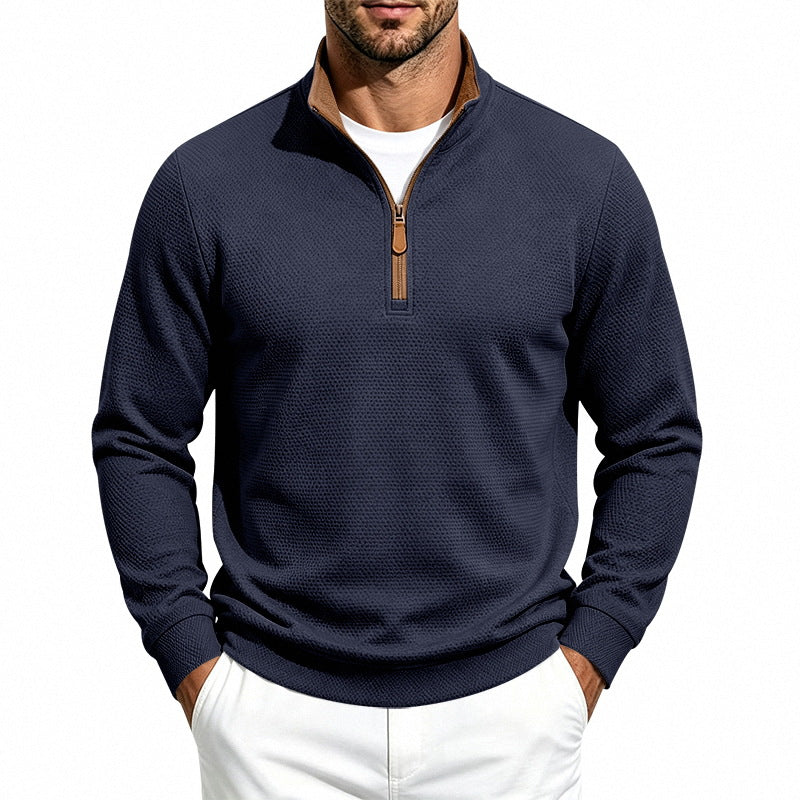 Herren Waffelstruktur-Halbzip-Sweatshirt mit Stehkragen, Kontrastfutter und Lederzipper Echoarchiv
