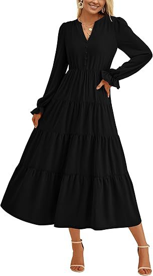 Damen Stufiges Midikleid mit V-Ausschnitt, geraffter Taillennaht und Rüschenmanschetten Echo Archiv