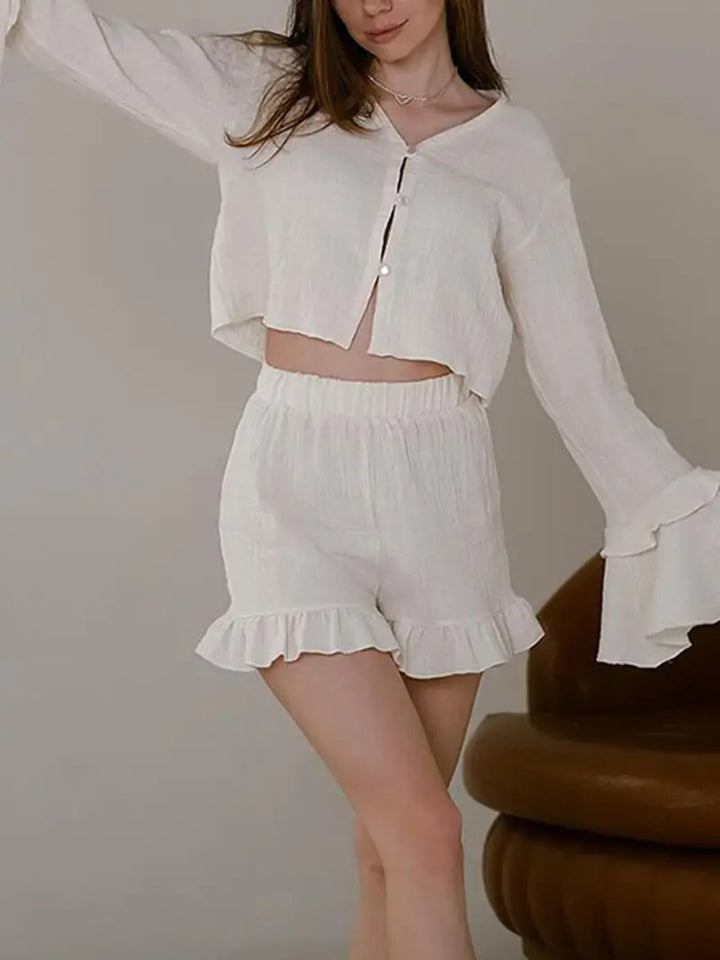 Damen Zweiteiliges Crinkle-Lounge-Set mit Volant-Shorts und gestuften Trompetenärmeln Echo Archiv
