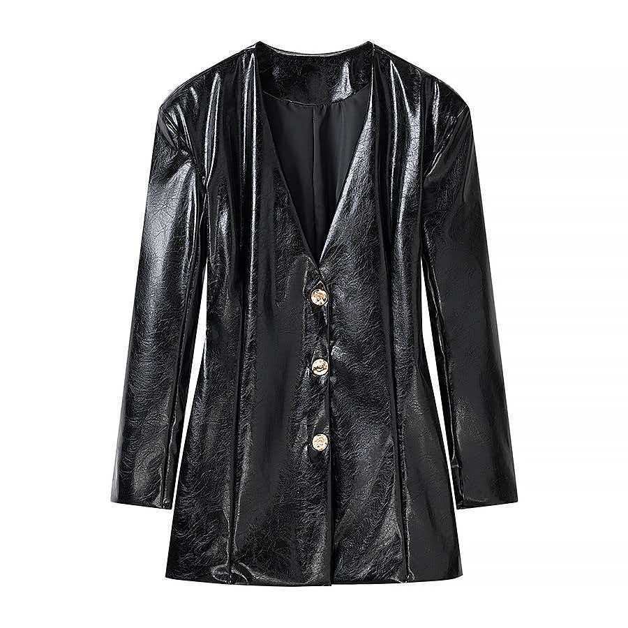 Damen Langer Lackleder-Blazer mit taillierter Silhouette, tiefem V‑Ausschnitt und Zierknöpfen Echo Archiv