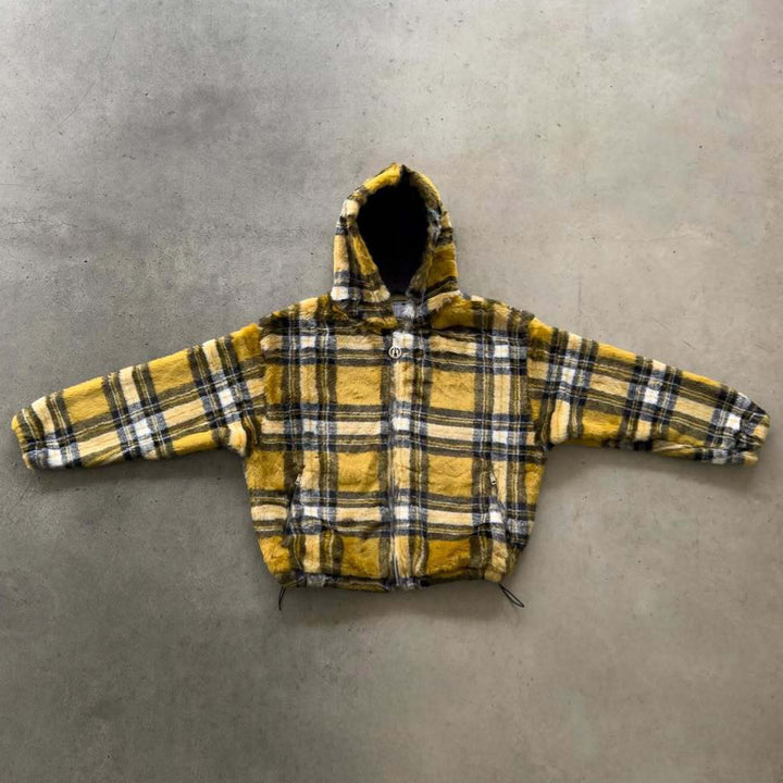 Unisex nan gefütterte Plaid-Fleece-Bomberjacke mit Kapuze Kordelzug und Reißverschlusstaschen Echo Archiv