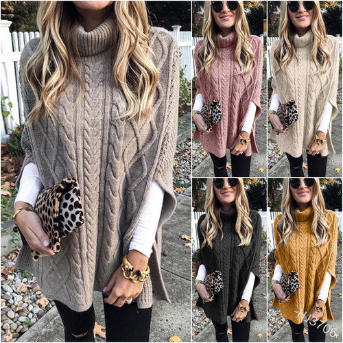 Damen nan kastiger Strickponcho mit hohem Rollkragen, Zopfstruktur und seitlichen Schlitzen Echo Archiv