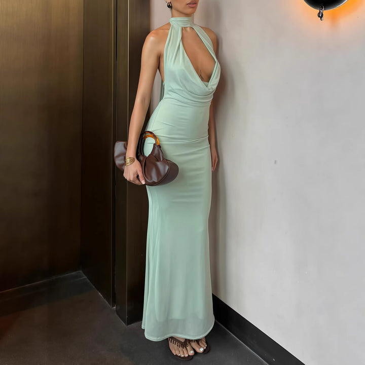 Damen elegantes Maxikleid mit tiefem V-Ausschnitt und schimmerndem Oberteil Echo Archiv