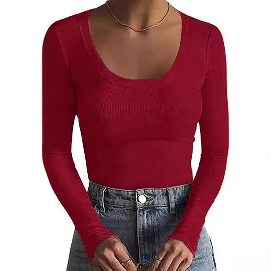 Damen Schmal geschnittenes Langarm-Feinstricktop mit weitem U-Ausschnitt Echo Archiv