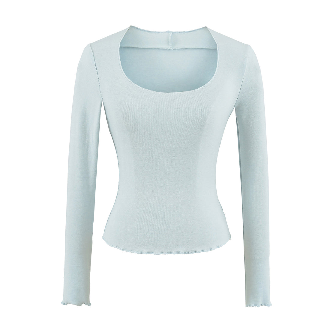 Damen Figurbetontes Langarm-Feinstrickshirt mit quadratischem Ausschnitt und Wellensaum Echoarchiv