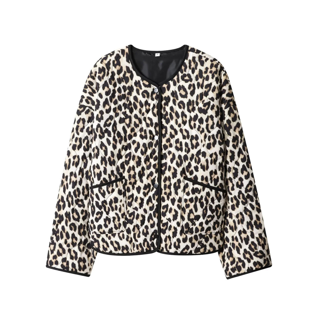 Damen gesteppte Kurzjacke mit animalischem Print, Rundhalsausschnitt und Druckknopfleiste – Célinea