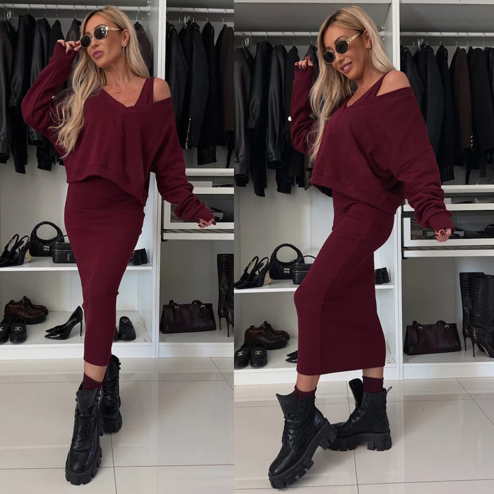 Damen nan zweiteiliges Midirock-Set mit off-shoulder Oversize-Sweatshirt und figurbetontem Bleistiftrock Echo Archiv