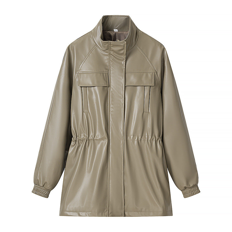 Damen Kunstleder-Parka mit Tunnelzugtaillen, Stehkragen und Pattentaschen Echo Archiv