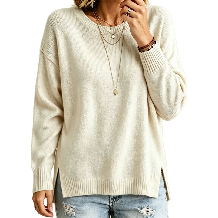 Damen Locker geschnittener Rundhals-Feinstrickpullover mit Seitenschlitzen und gerippten Bündchen – Mavelle