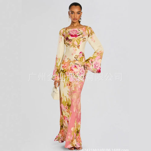 Frauen langen Abendkleid mit Trompetenärmeln und floralem Muster – Valéora