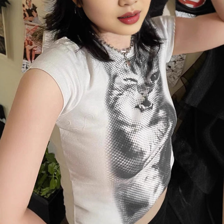 Damen Crop-T-Shirt mit kreativem Katzenmotiv Echo Archiv