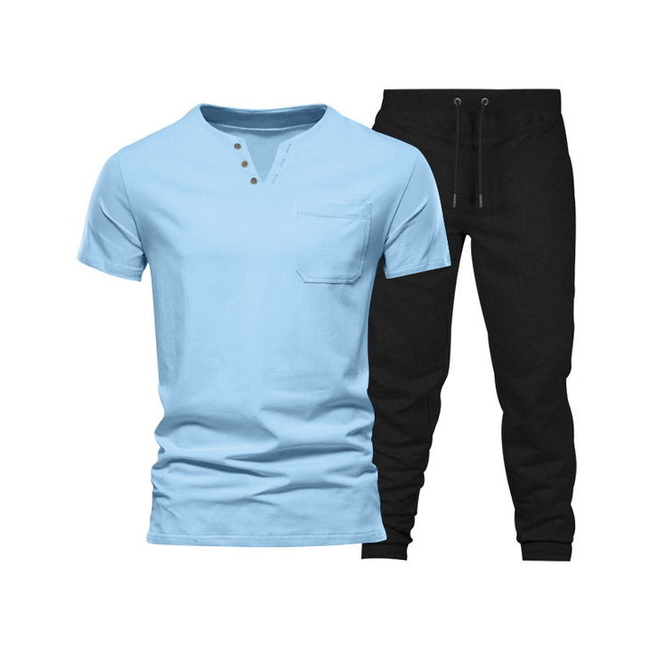 Herren lässiges Kurzarm-Henley-Set mit praktischer Brusttasche und bequemen Jogginghosen Echoarchiv