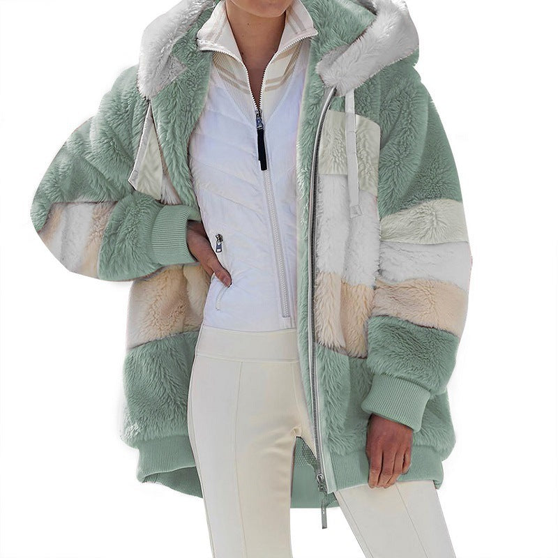 Damen nan kuschelige Oversize Kunstpelzjacke mit Kapuze, Blockstreifen und Rippbündchen Echo Archiv