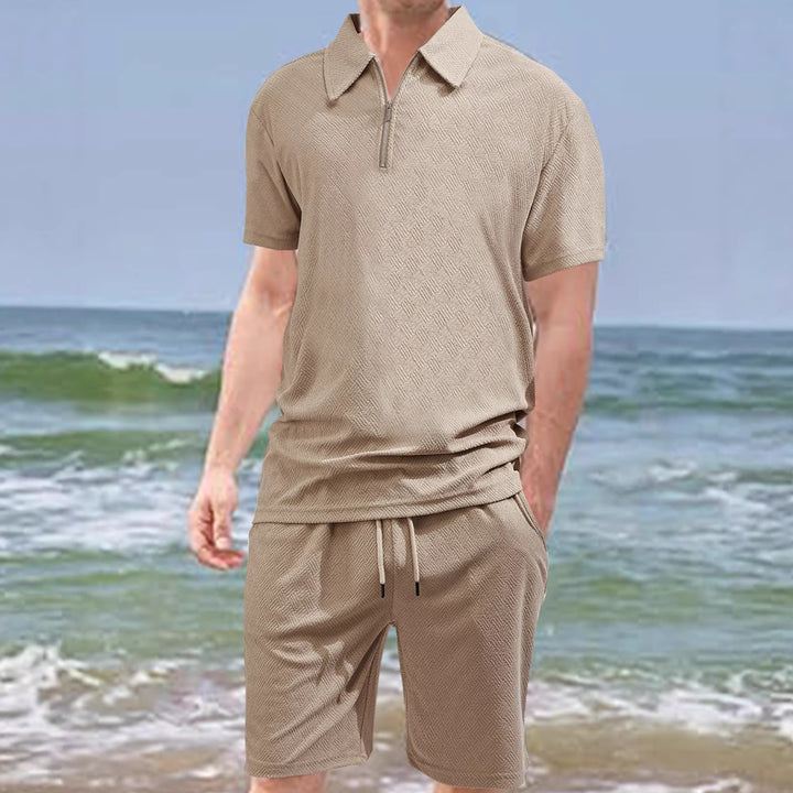 Herren nan komfortables Kurzarm-Halbzip-Set mit Polokragen und elastischer Kordelhose aus Strukturstrick Echo Archiv
