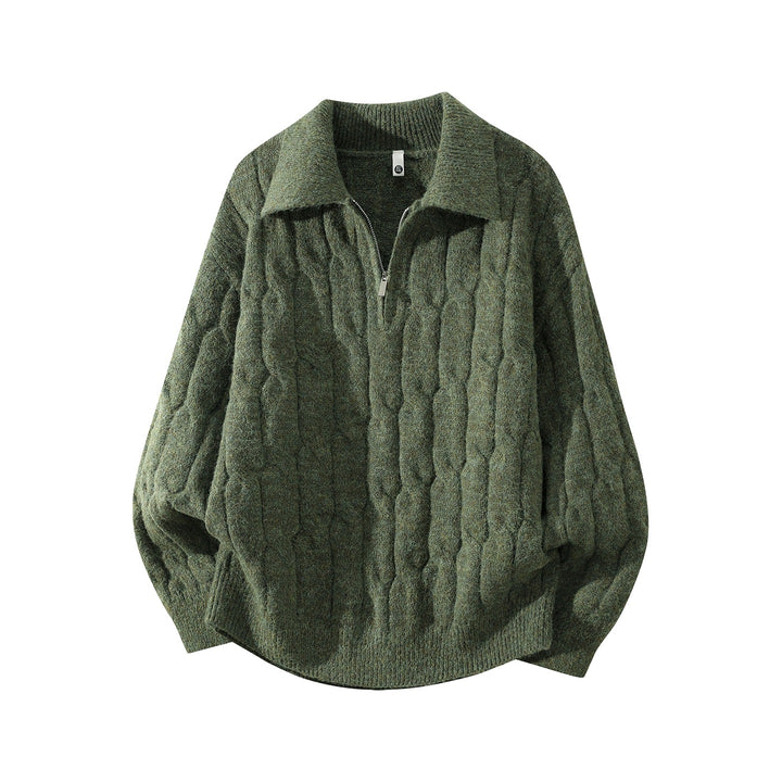 Unisex Oversize Zopfstrickpullover mit Halbreißverschluss und Hemdkragen Echoarchiv