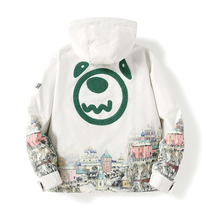 Unisex Kapuzenparka mit städtischem Fotoprint, transparenten Taschen und Kordelzug – Taviero