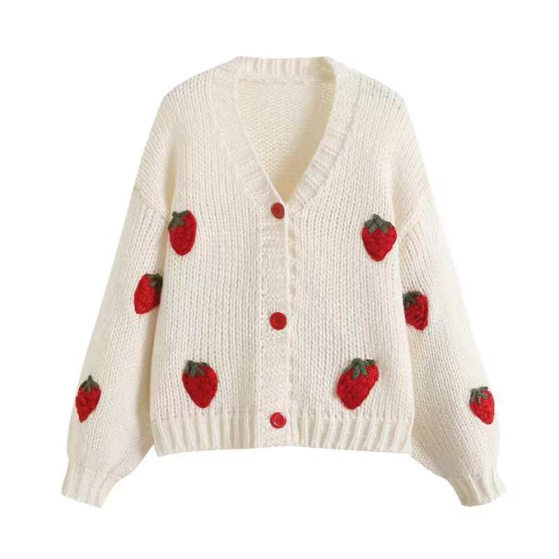 Damen Kurzcardigan mit Erdbeer-Applikationen und grobem Strick – Veloura