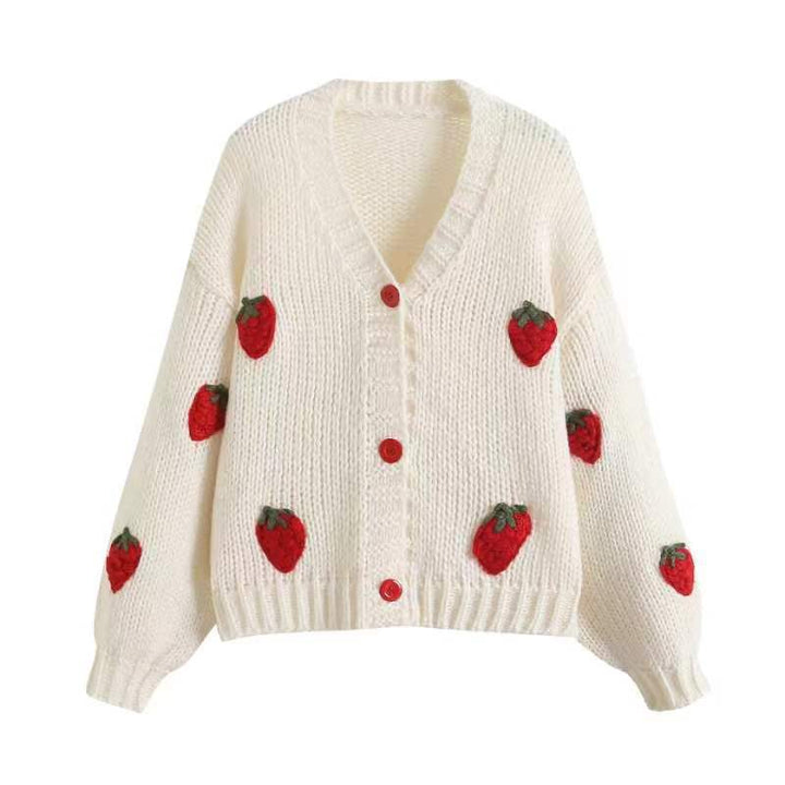 Damen Kurzcardigan mit Erdbeer-Applikationen und grobem Strick – Veloura
