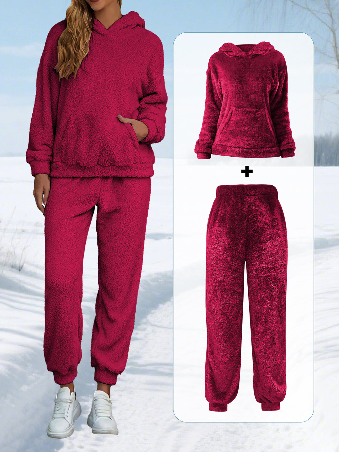 Damen Kuscheliges Teddy-Fleece Lounge-Set mit Kapuze und Kängurutasche – Auréline