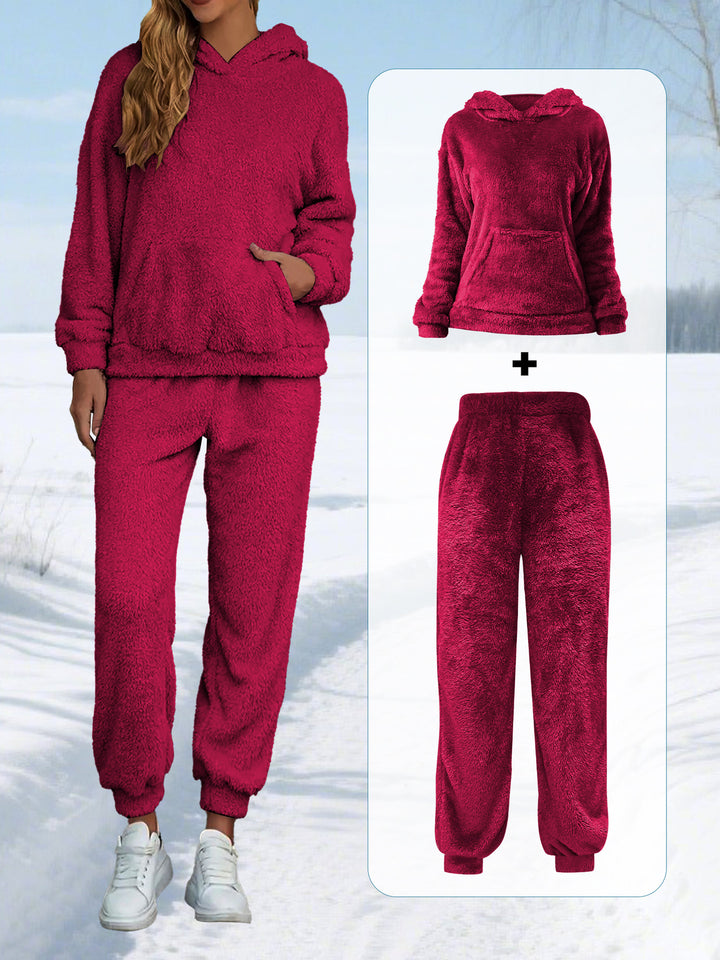 Damen Kuscheliges Teddy-Fleece Lounge-Set mit Kapuze und Kängurutasche – Auréline