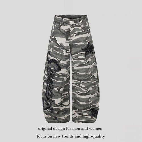 Damen Weite Camouflage‑Palazzo‑Hose mit Ballon‑Saum und dekorativen Stickdetails Echoarchiv