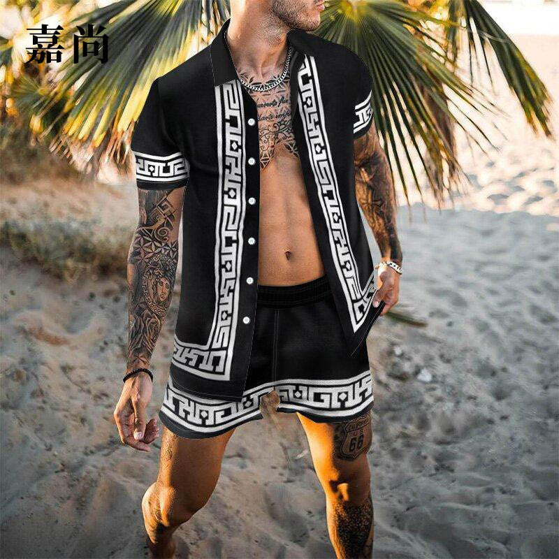 Herren Kurzarm-Hemd und Shorts Set mit modernem grafischem Design Echoarchiv
