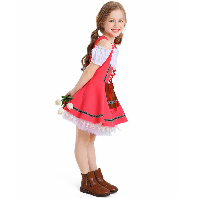 Damen nan traditionelles Kinderdirndl mit Schnürmieder, Spitzenunterrock und dekorativer Schürze Echo Archiv