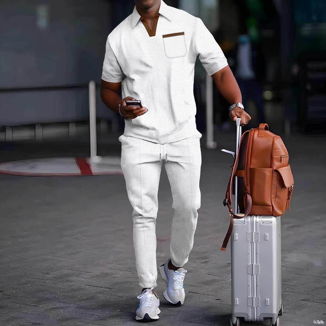 Herren nan lässiges Freizeitset aus elastischem Jersey mit V-Ausschnitt Brusttasche und Kordelbund Echo Archiv