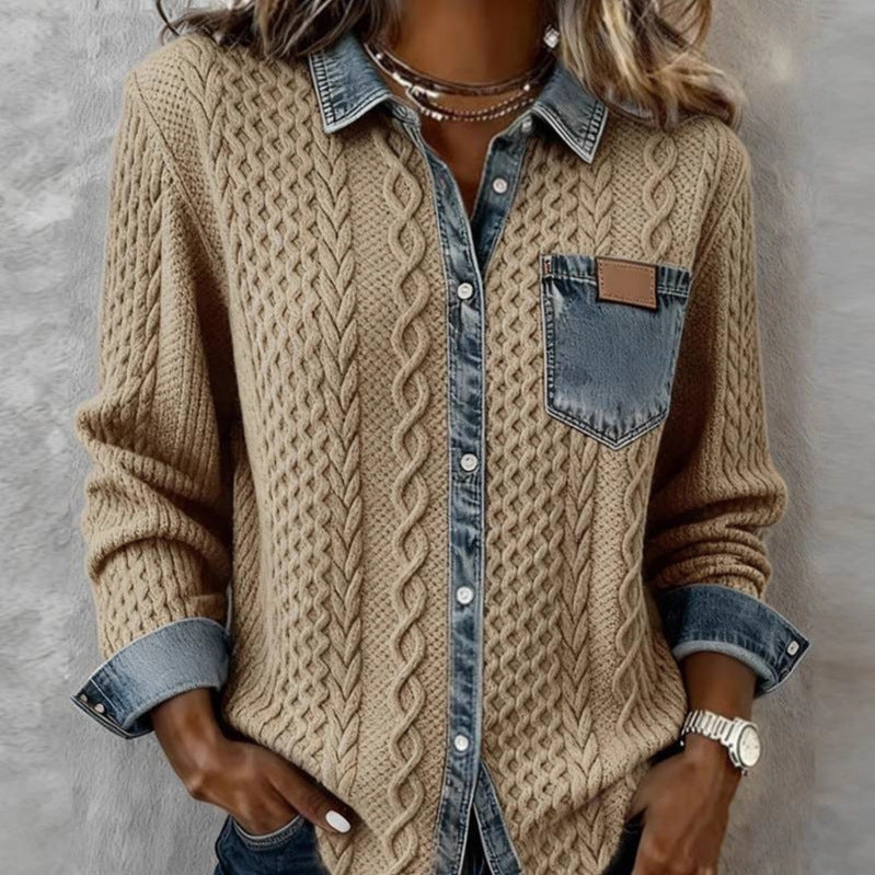Damen nan geflochtener Strickpullover mit integriertem Jeanskragen und Brusttasche Echo Archiv