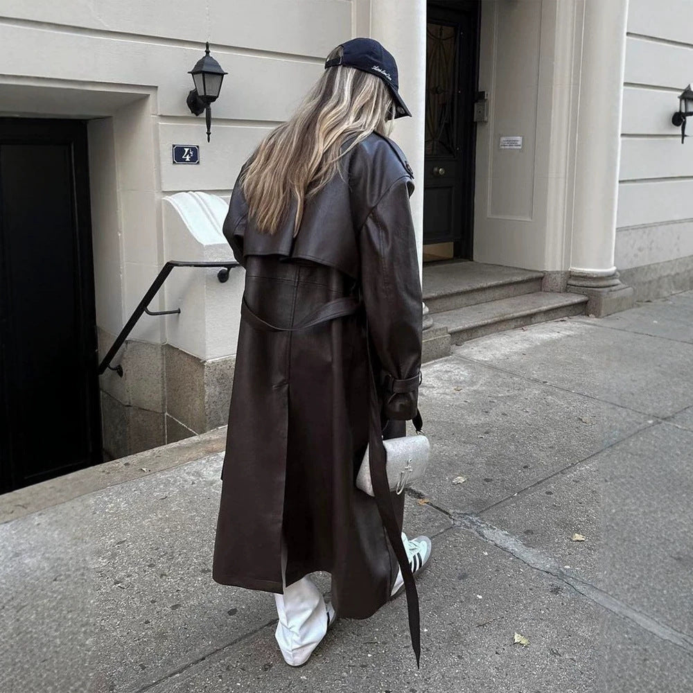 Damen Maxilanger Oversize Kunstleder-Trenchcoat mit weitem Revers und Taillengürtel Echoarchiv