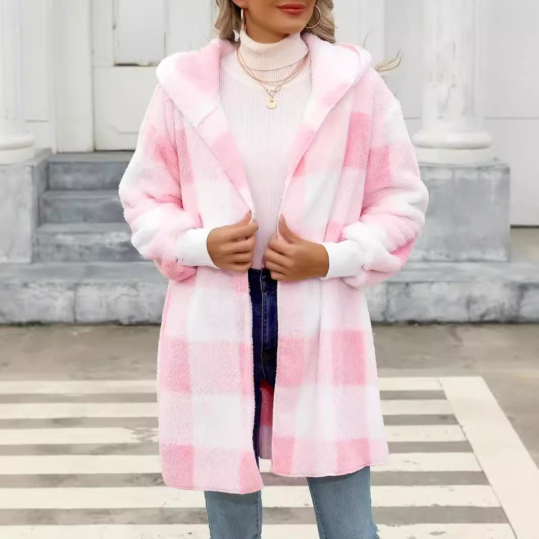 Damen Oversize Karierter Teddy-Mantel mit Kapuze und Eingrifftaschen Echo Archiv