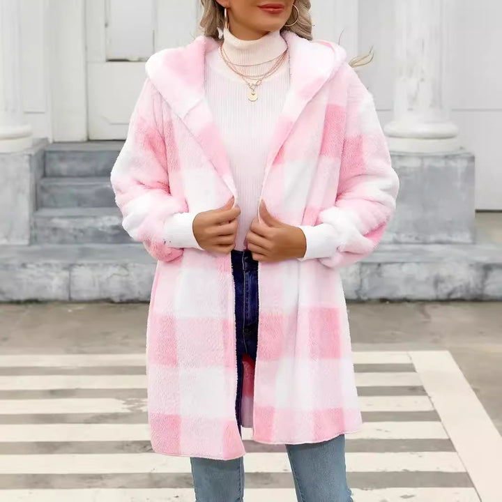 Damen Oversize Karierter Teddy-Mantel mit Kapuze und Eingrifftaschen Echo Archiv
