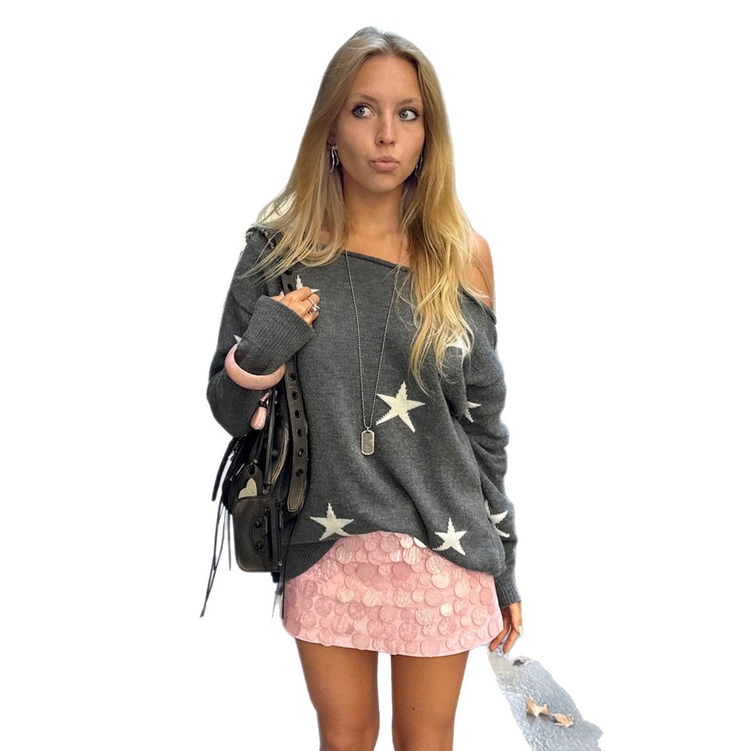 Damen Off-Shoulder Oversized Strickpullover mit Sternenmuster und geripptem Saum Echo Archiv