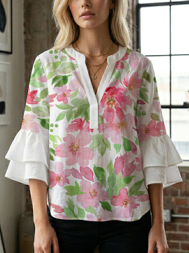Damen Bluse mit voluminösen Rüschenärmeln und floralem Druck Echo Archiv