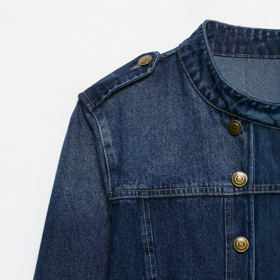 Damen Kurz geschnittene Jeansjacke im Military‑Stil mit Stehkragen Echo Archiv