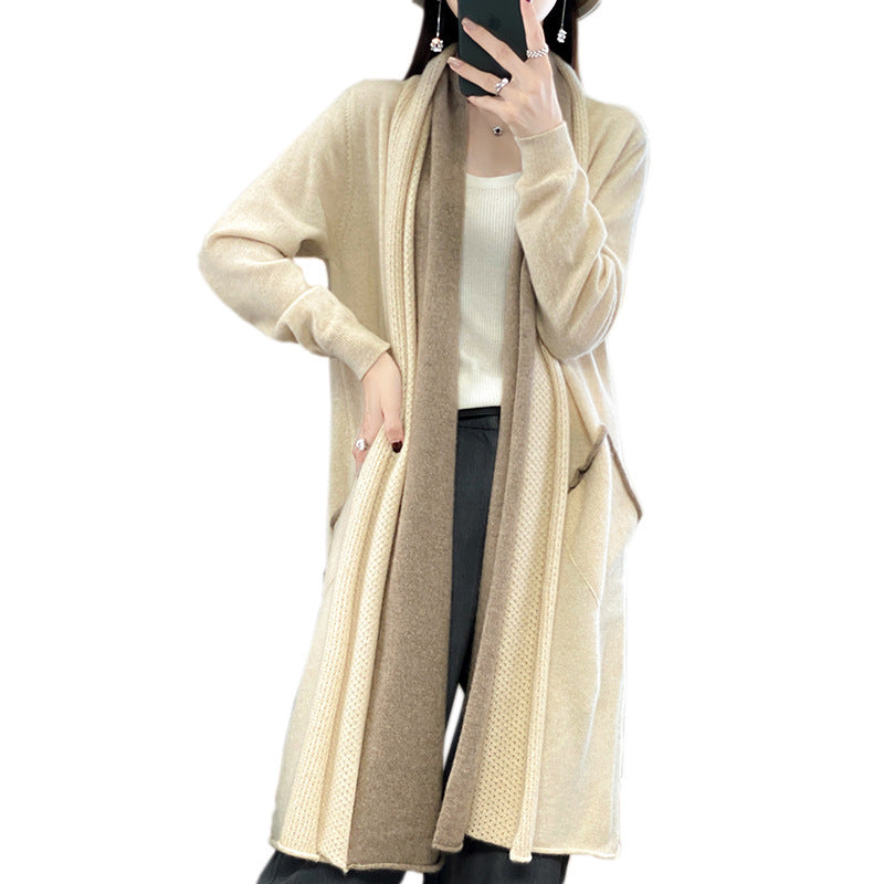 Damen Langer offener Cardigan in Kaschmir‑Look mit Schalkragen und Eingriffstaschen Echoarchiv