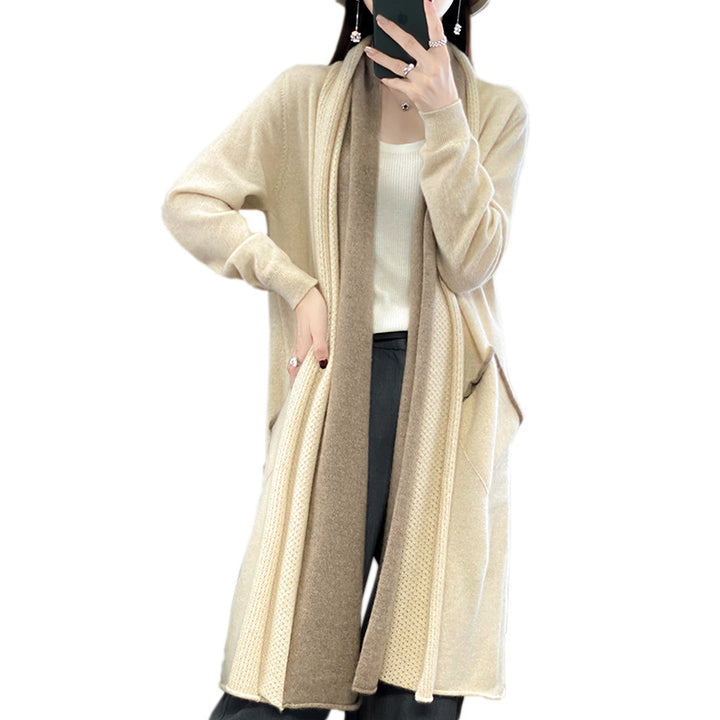 Damen Langer offener Cardigan in Kaschmir‑Look mit Schalkragen und Eingriffstaschen Echoarchiv